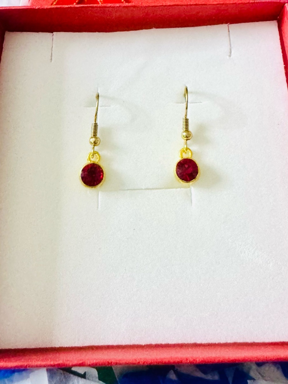 Gold-Tone Drop Earrings with Deep Red Stone